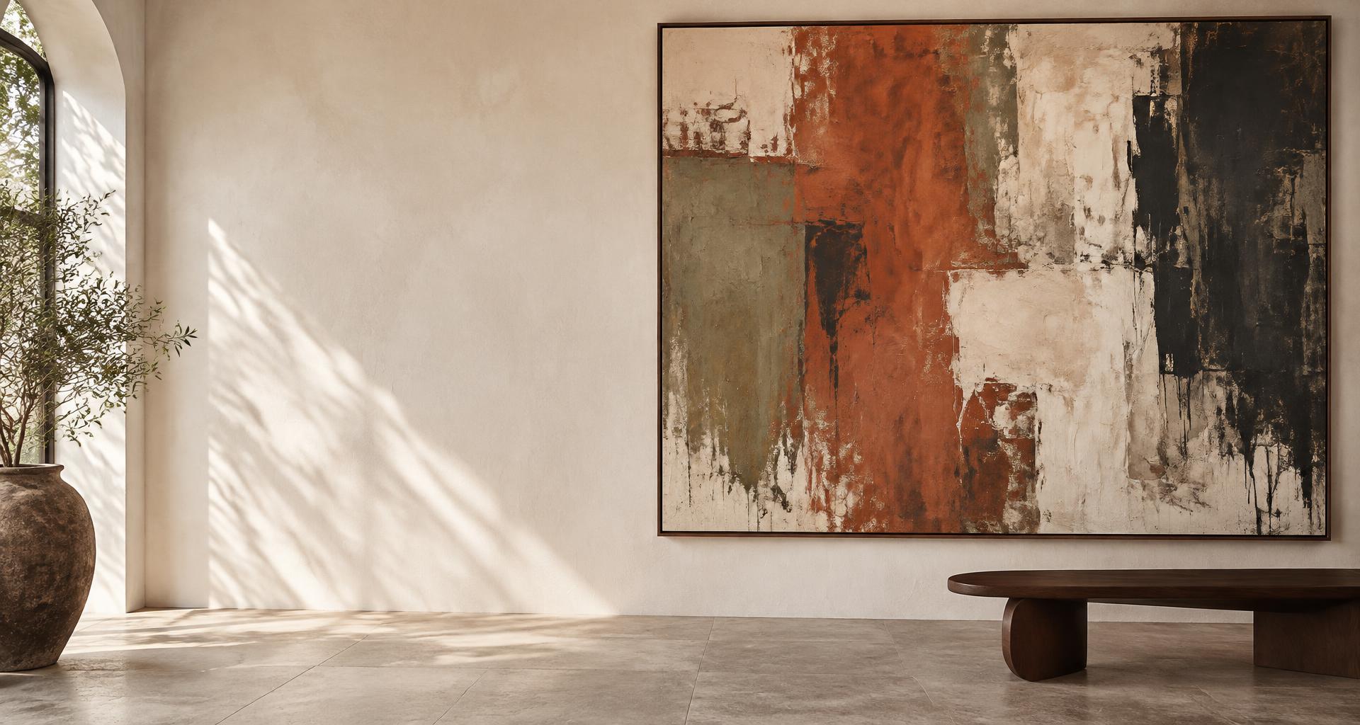 Contemporary Indian abstract artwork in a sunlit gallery
